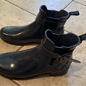 Hunter Glossy Black Chelsea Ankle Rain Boots with Buckle Strap